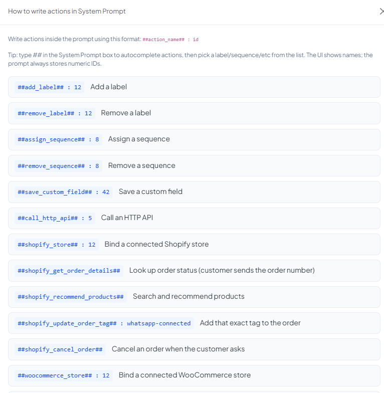 How to write actions in System Prompt popup, listing add_label, remove_label, assign_sequence, remove_sequence, save_custom_field, call_http_api, and the Shopify actions with their ##action_name##: id format
