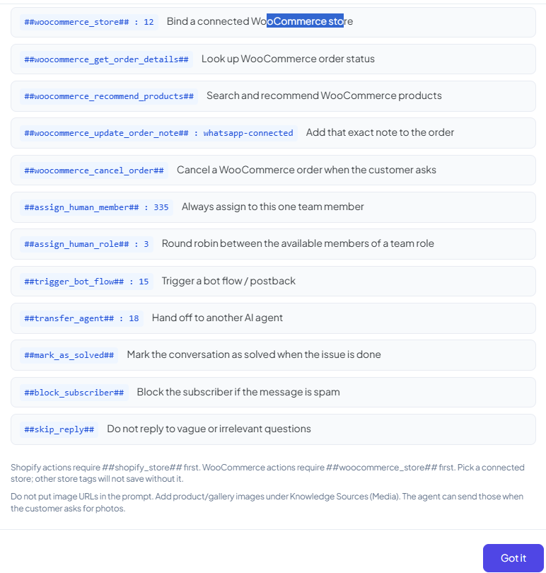 How to write actions in System Prompt popup continued, listing the WooCommerce actions, assign_human_member, assign_human_role, trigger_bot_flow, transfer_agent, mark_as_solved, block_subscriber, and skip_reply
