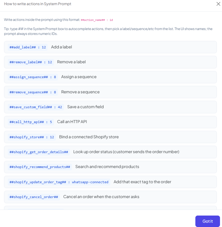 How to write actions in System Prompt panel listing add_label, remove_label, assign_sequence, remove_sequence, save_custom_field, call_http_api, shopify_store, shopify_get_order_details, shopify_recommend_products, shopify_update_order_tag, and shopify_cancel_order with their id format and description