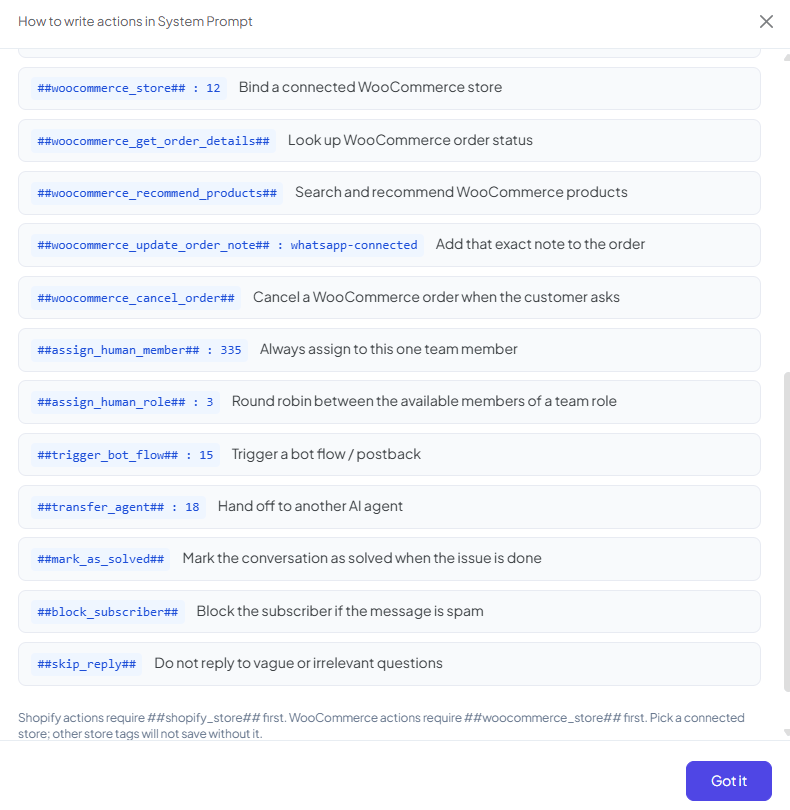 How to write actions in System Prompt panel continued, listing woocommerce_store, woocommerce_get_order_details, woocommerce_recommend_products, woocommerce_update_order_note, woocommerce_cancel_order, assign_human_member, assign_human_role, trigger_bot_flow, transfer_agent, mark_as_solved, block_subscriber, and skip_reply with their id format and description