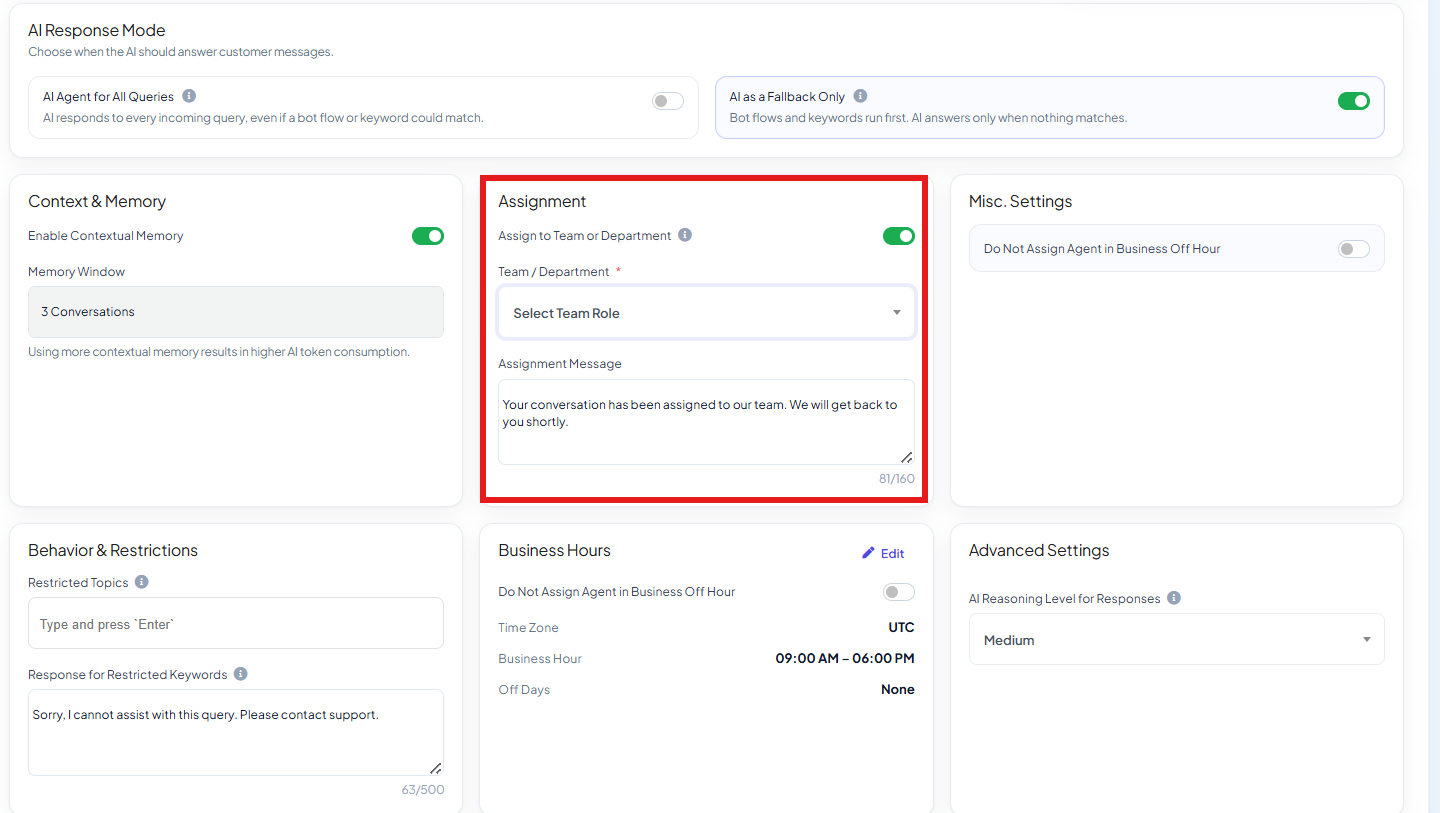 Assignment card highlighted with Assign to Team or Department enabled, a Team / Department dropdown reading Select Team Role, and an Assignment Message textarea reading Your conversation has been assigned to our team. We will get back to you shortly.