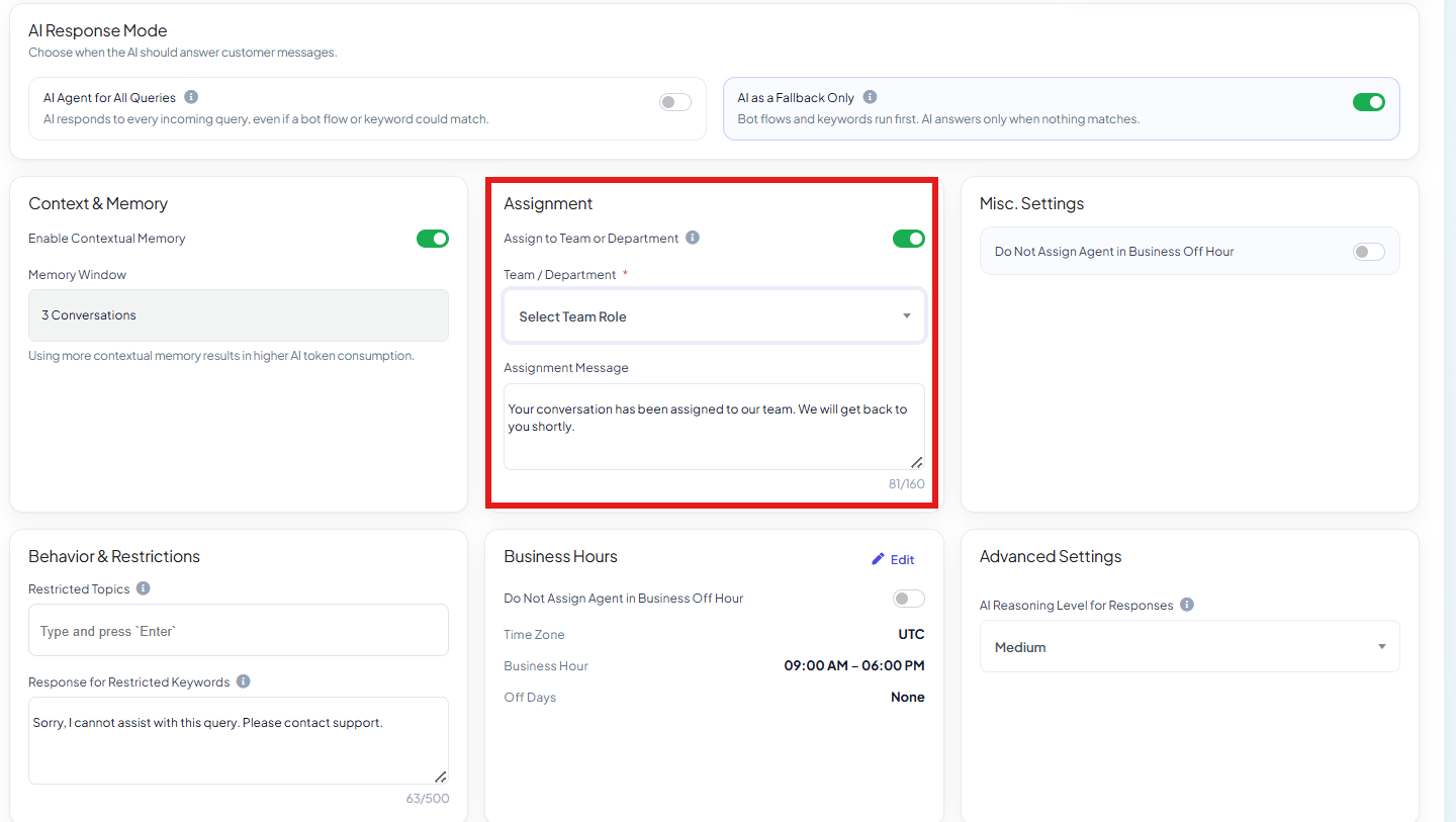 Assignment card highlighted with Assign to Team or Department enabled, a Team / Department dropdown reading Select Team Role, and an Assignment Message textarea reading Your conversation has been assigned to our team. We will get back to you shortly.