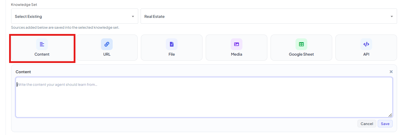 Content panel with a single text box: Write the content your agent should learn from...