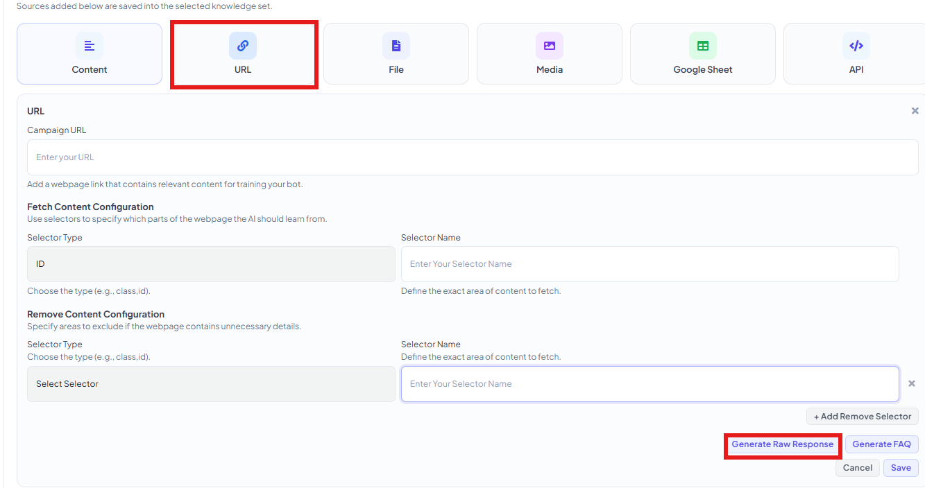 URL panel with a Campaign URL field, Fetch Content Configuration selectors, and Remove Content Configuration selectors, plus Generate Raw Response and Generate FAQ buttons