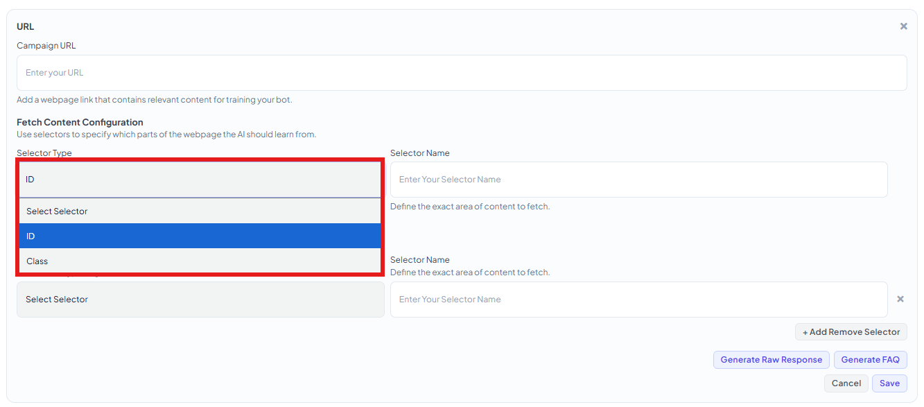 Selector Type dropdown open showing ID and Class options