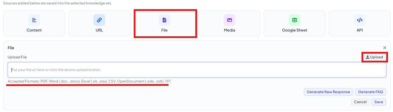 File panel with an Upload button, and accepted formats listed: PDF, Word (.doc, .docx), Excel (.xls, .xlsx), CSV, OpenDocument (.ods, .odt), TXT