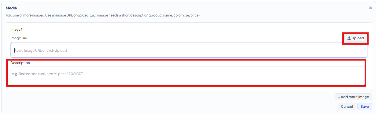 Media panel with an Image URL field, an Upload button, and a Description field with placeholder text: e.g. Red cotton kurti, size M, price 1200 BDT