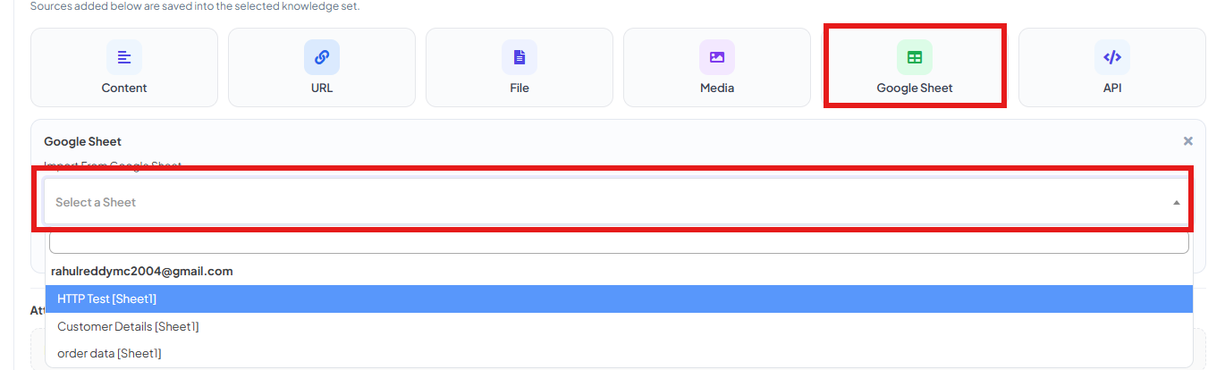 Select a Sheet dropdown open, showing a connected Google account and its available sheets
