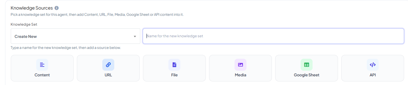 Knowledge Sources panel with a Knowledge Set dropdown and six source type buttons: Content, URL, File, Media, Google Sheet, and API