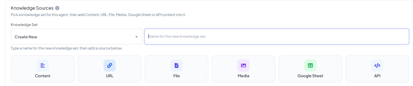 Knowledge Sources panel with a Knowledge Set dropdown and six source type buttons: Content, URL, File, Media, Google Sheet, and API