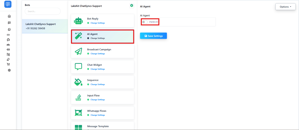 Bot Manager list showing Bot Reply and AI Agent, with the AI Agent Enabled toggle highlighted