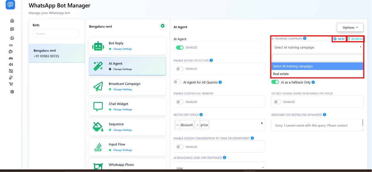 AI Agent settings panel with AI Training Campaign dropdown showing a Real estate campaign selected
