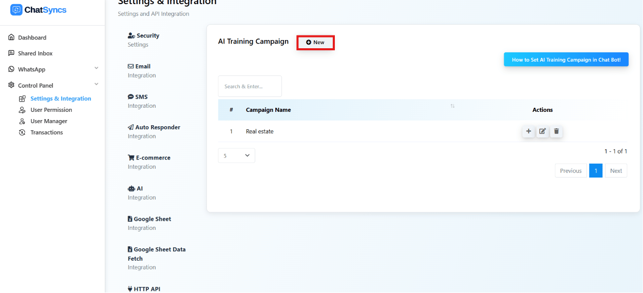 Settings and Integration sidebar with AI Training Campaign tab and New button highlighted