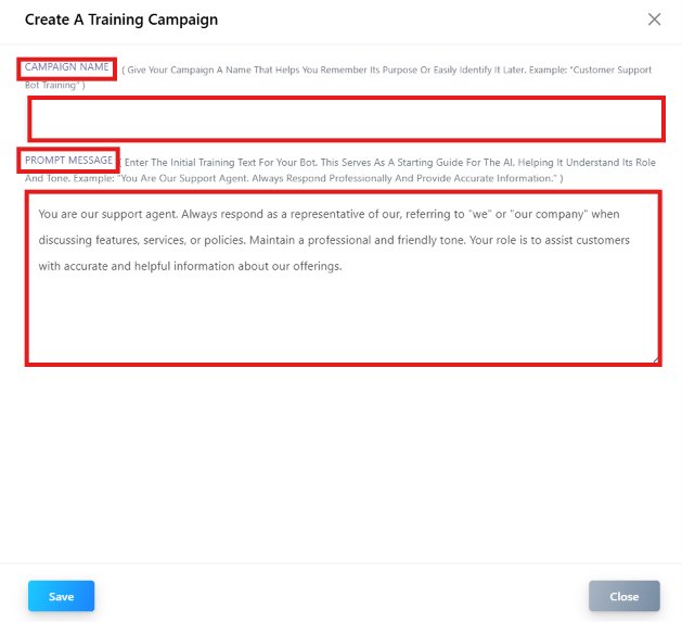 Create A Training Campaign modal with Campaign Name and Prompt Message fields highlighted
