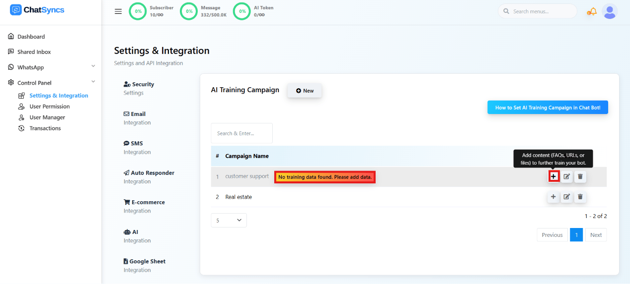 AI Training Campaign list showing a No training data found warning next to a campaign row
