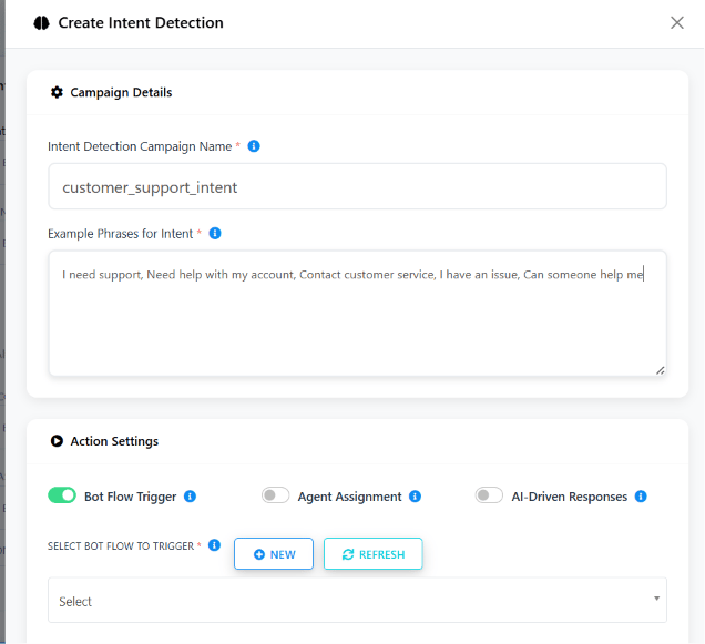 Create Intent Detection modal with Intent Detection Campaign Name, Example Phrases for Intent, and Action Settings toggles