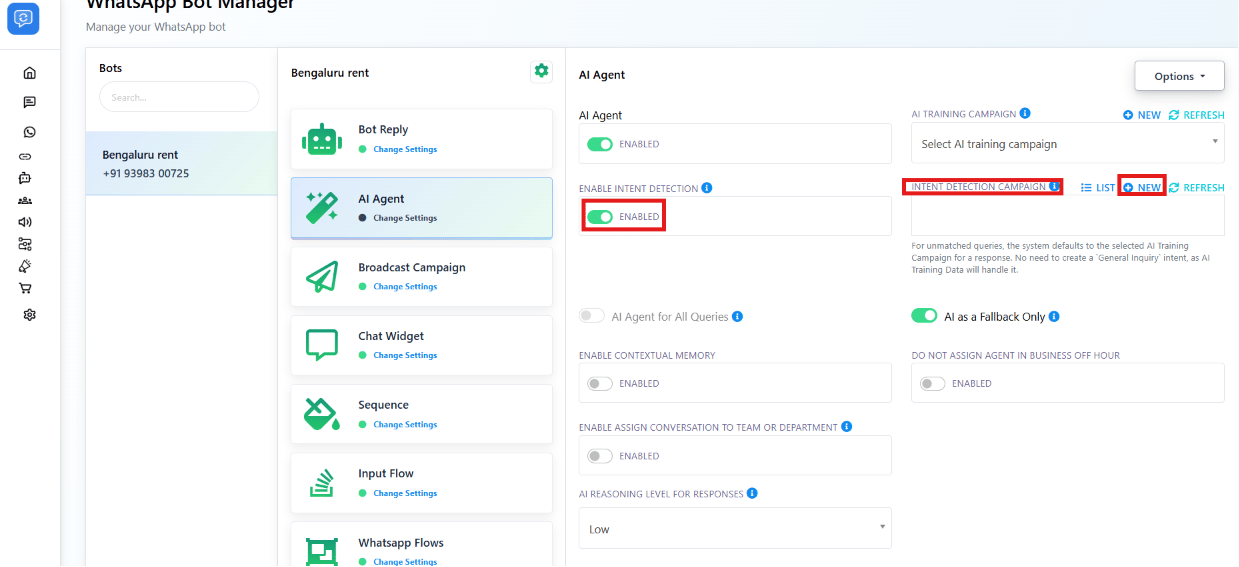 AI Agent panel showing Enable Intent Detection toggled on with List, New, and Refresh actions for the Intent Detection Campaign