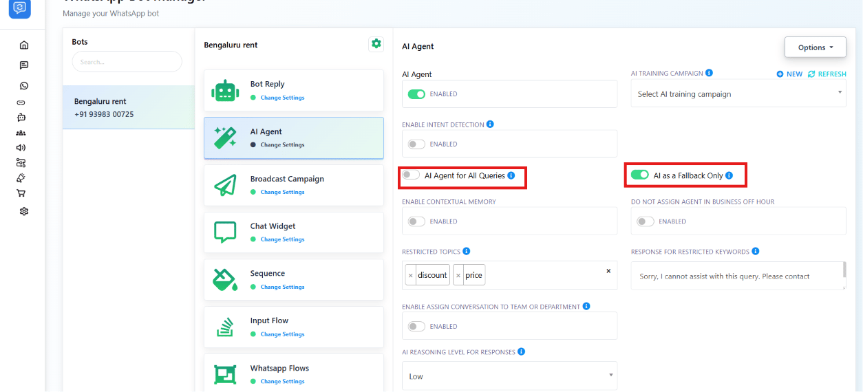 AI Agent panel with AI Agent for All Queries and AI as a Fallback Only toggles highlighted