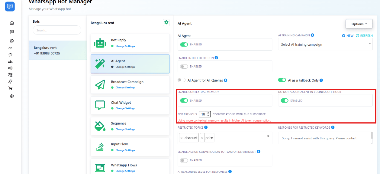 AI Agent panel showing Enable Contextual Memory, a previous conversations count field, and Do Not Assign Agent in Business Off Hour