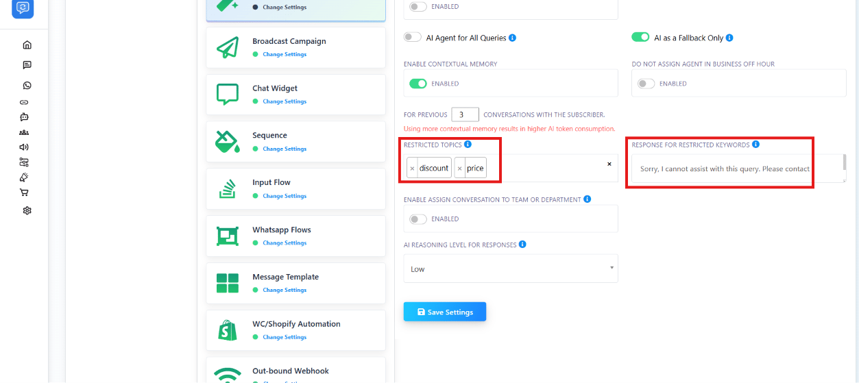 AI Agent panel with Restricted Topics tags and Response for Restricted Keywords text field highlighted