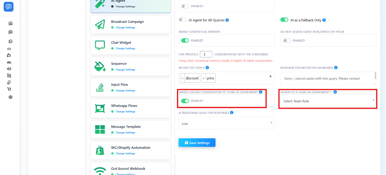 AI Agent panel with Enable Assign Conversation to Team or Department toggle and Assign to a Team or Department dropdown highlighted