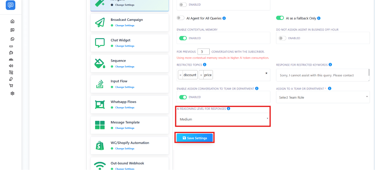 AI Agent panel with AI Reasoning Level for Responses dropdown set to Medium and Save Settings button highlighted