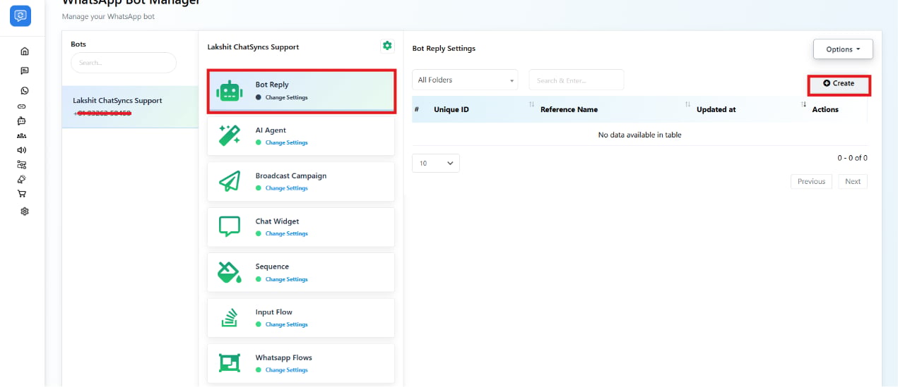 Bot Manager showing the Bot Reply list with a Create button