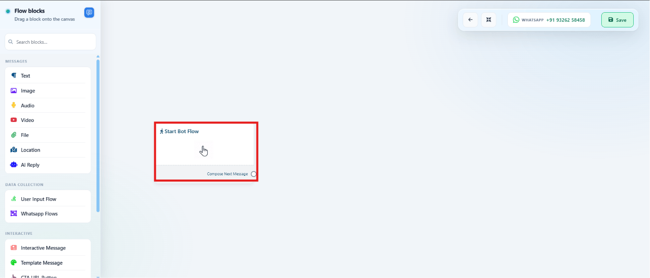 Bot Reply canvas showing the Start Bot Flow block and the flow blocks sidebar