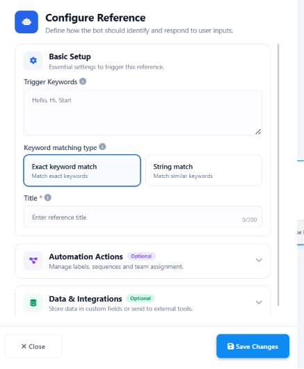 Configure Reference panel with Trigger Keywords, Keyword matching type, and Title fields