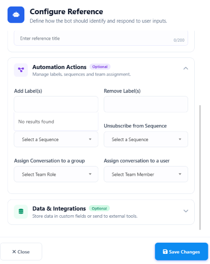 Automation Actions panel with Add Label, Remove Label, Unsubscribe from Sequence, and conversation assignment fields