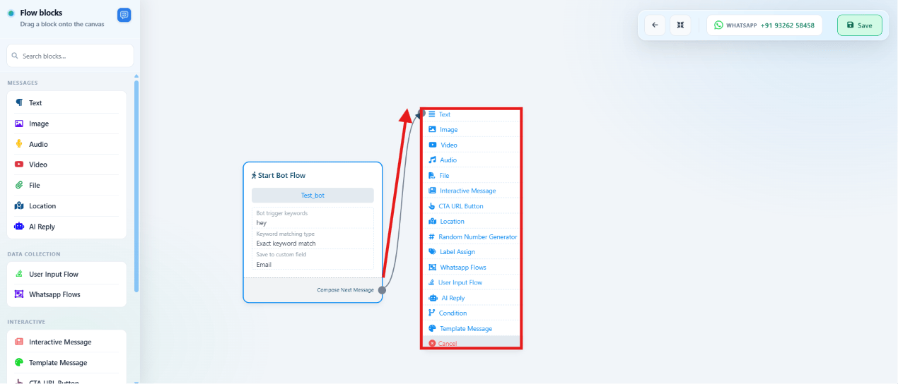 Flow blocks panel listing Messages, Data Collection, and Interactive components connected to Start Bot Flow