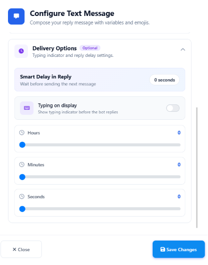 Configure Text Message panel showing Smart Delay in Reply and Typing on display options