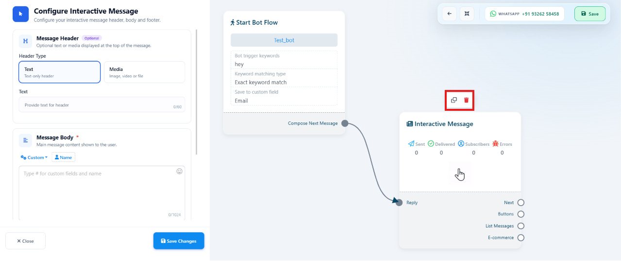 A flow block with clone and delete icons visible on hover