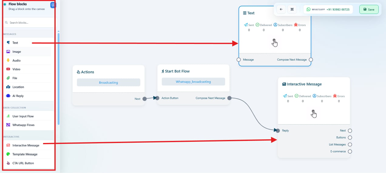 Flow blocks panel and a broadcast canvas with Text and Interactive Message blocks chained after the Broadcasting action