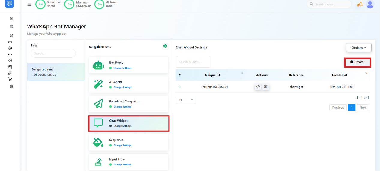 Chat Widget Settings list with a Create button highlighted