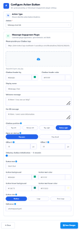 Configure Action Button panel for a WhatsApp Short Link chat widget, showing branding, message, position, and button styling fields