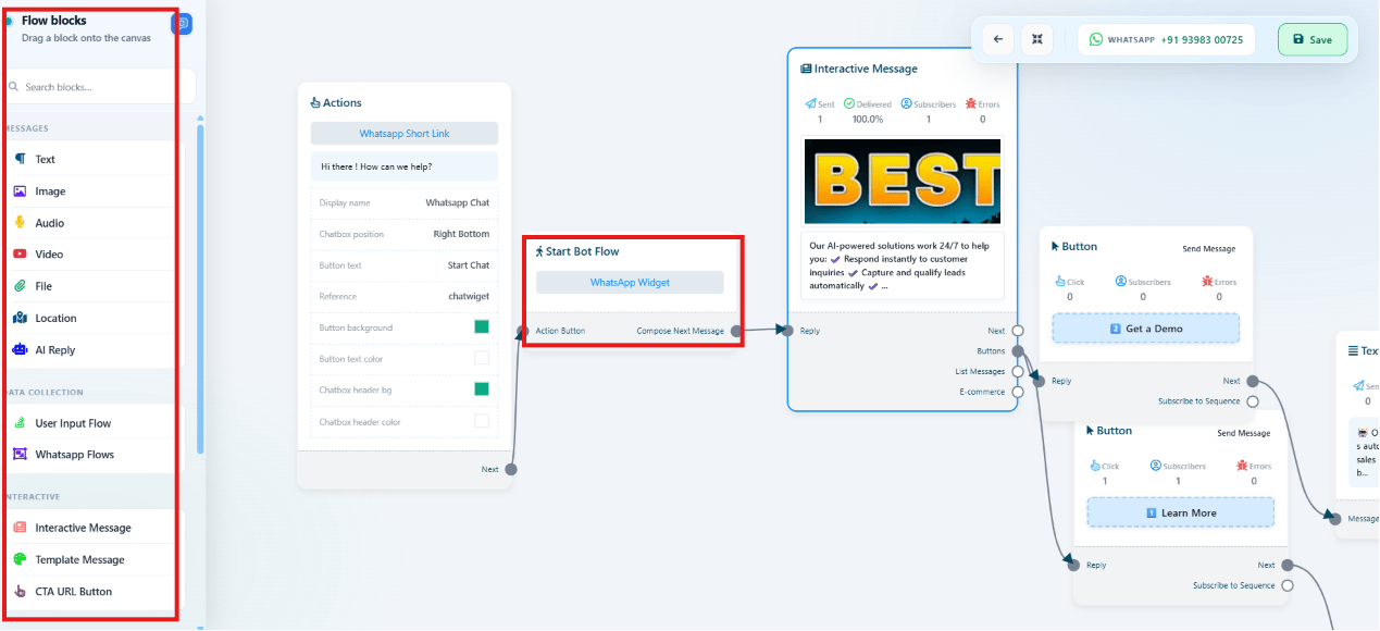 Chat Widget flow canvas with an Interactive Message block offering Get a Demo and Learn More buttons