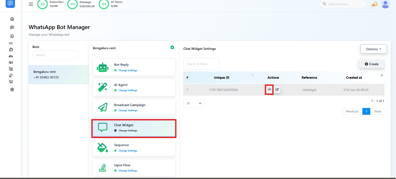 Chat Widget Settings list with the action icons highlighted on a widget row