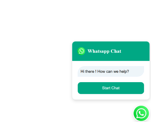 WhatsApp chat widget open on a website with a welcome message and a Start Chat button