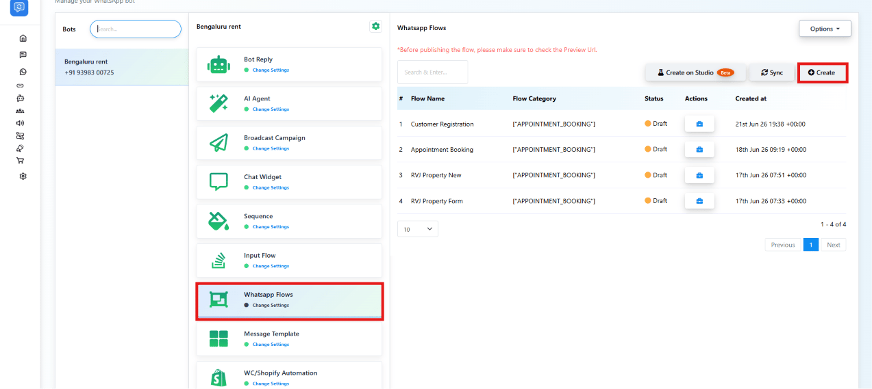 Bot Manager WhatsApp Flows list with WhatsApp Flows selected and Create highlighted