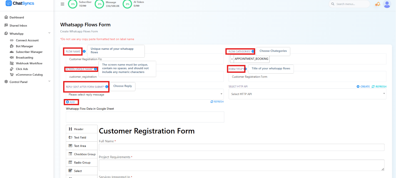WhatsApp Flow configuration form with Flow Name, Flow Category, Screen Unique Name, Form Title, Reply Sent After Form Submit, and Select HTTP API fields highlighted