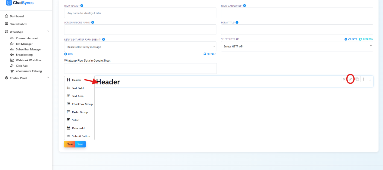 WhatsApp Flow builder component palette with Header highlighted