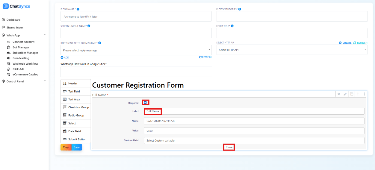 Text Field configured with Required checked and Label set to Full Name, shown in the form preview