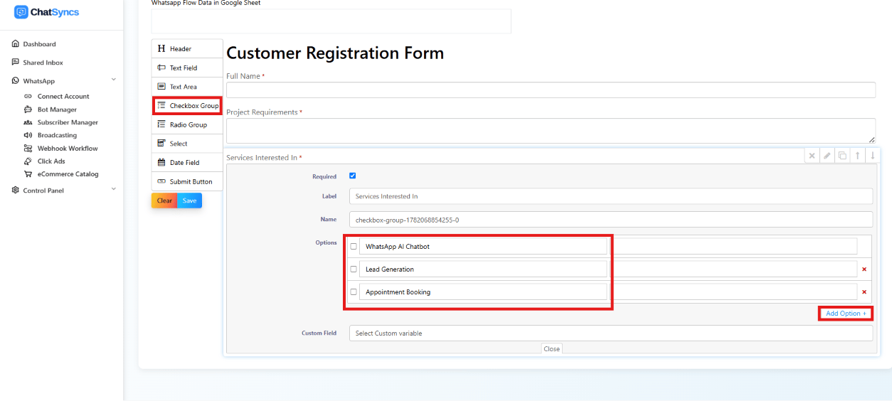 Checkbox Group configuration panel showing Services Interested In with three options