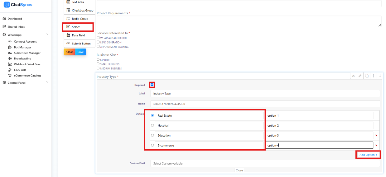 Select field configuration panel showing Industry Type with four options