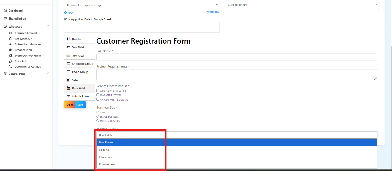 Industry Type dropdown open in the form preview with Real Estate selected