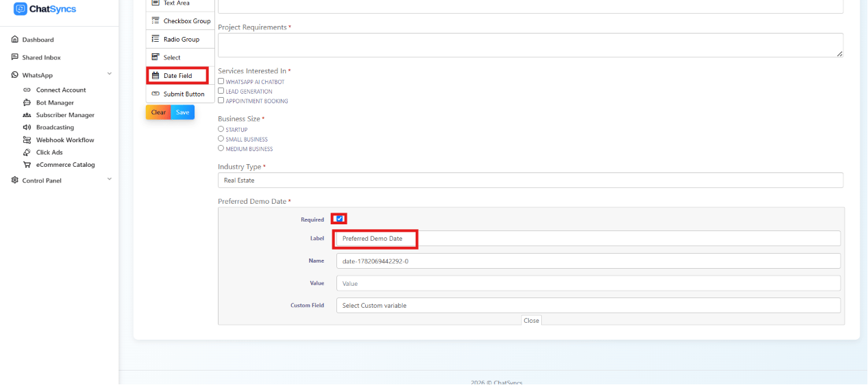 Date Field configuration panel for Preferred Demo Date