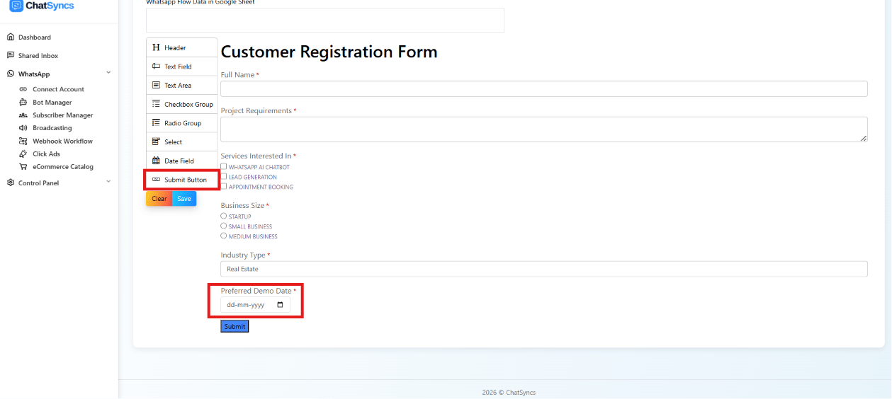 Submit Button selected in the palette with the full form preview below it