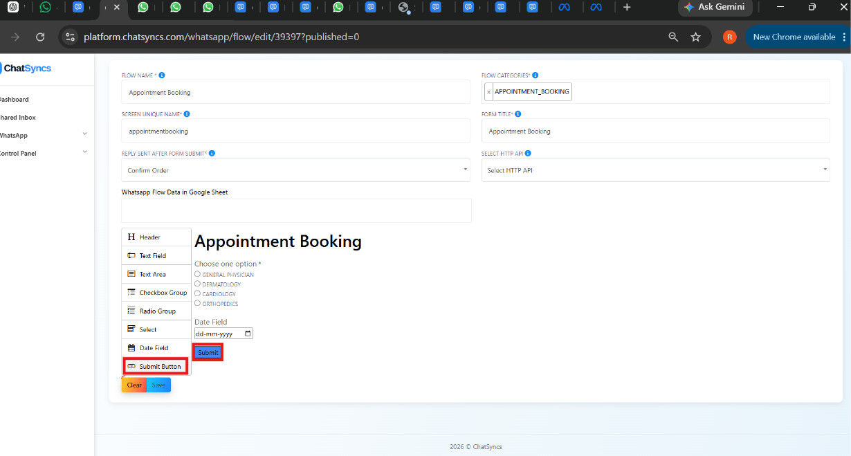 Appointment Booking WhatsApp Flow with a Choose one option radio group and Date Field, and the Submit Button highlighted