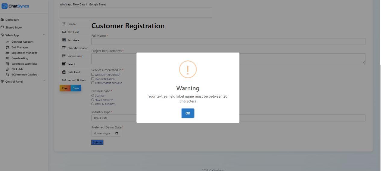 Warning popup stating the textarea field label name must be between 20 characters